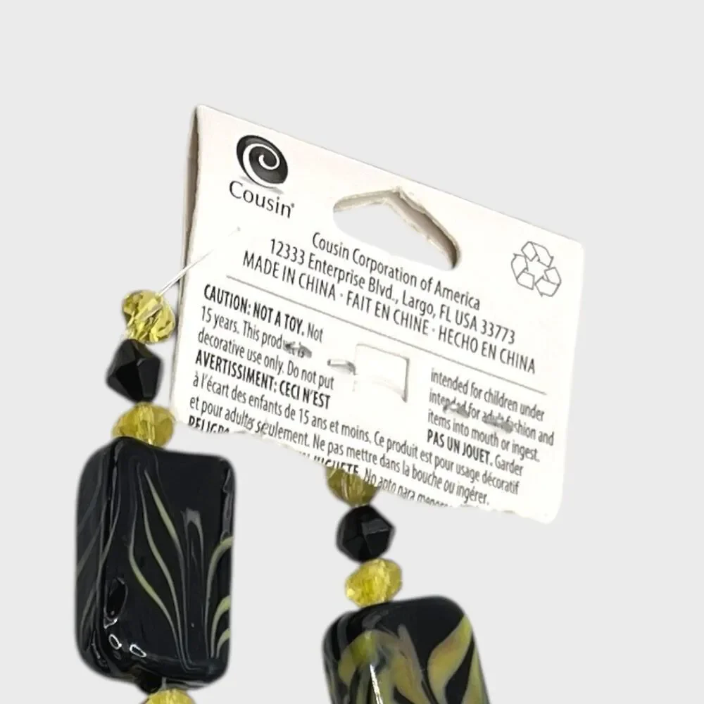 Lot Art Glass Beads Black Yellow Swirl Silver Tone Foil Jewelry Craft Lampwork